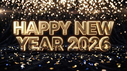 Celebrate happy new year with shiny golden 2026 text and falling confetti.