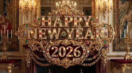 Happy New Year 2026 displayed with festive gem encrusted letters.