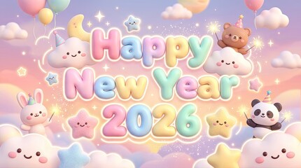 Happy new year 2026 with cute animals celebrating with sparkles.