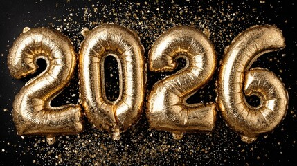 A festive display of golden foil balloons spelling out 2026, set against a black background with sparkling gold stars, perfect for New Year celebrations, parties, or promotional events,