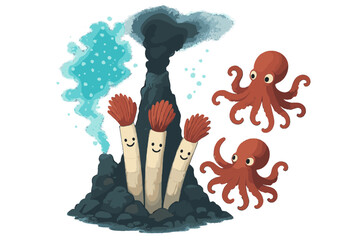 Deep-Sea Wonders. Deep-sea hydrothermal vent with smiling tube worms, glowing bacteria clouds, and curious octopus visitors No