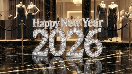 Diamond new year 2026 numbers sparkling on black marble floor.