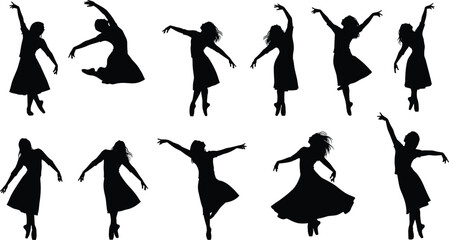 Dance silhouette pose set, expressive movement, black on white, leaping, twirling, extended limbs, modern style, performance icon, graceful posture