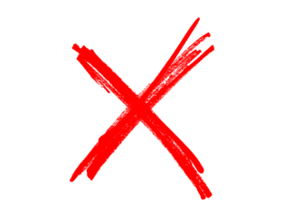 Red cross mark drawn with brush strokes. Hand-drawn X symbol isolated on white background. 