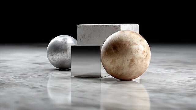 Geometric shapes sphere cube and rectangular prism composition on reflective surface