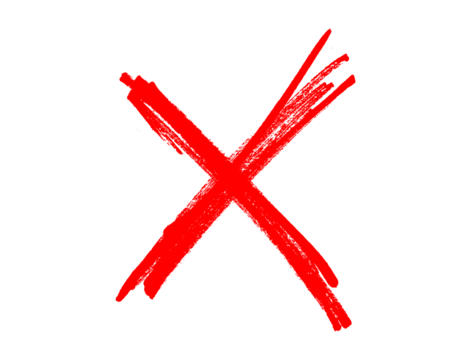 Red cross mark drawn with brush strokes. Hand-drawn X symbol isolated on white background. 