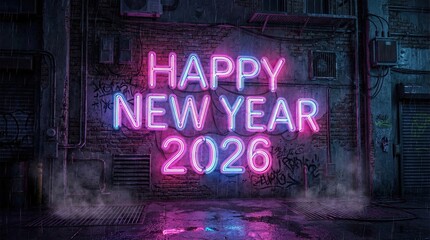 Neon lights glow celebrating happy new year twenty twenty six.