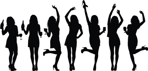 Party woman silhouette set, dancing and celebration poses, black on white, festive gesture, high heels, drink icon, joyful posture