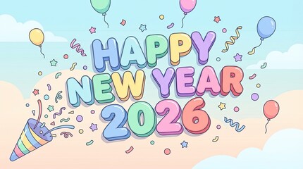 Happy New Year 2026 celebrates with balloons and confetti.