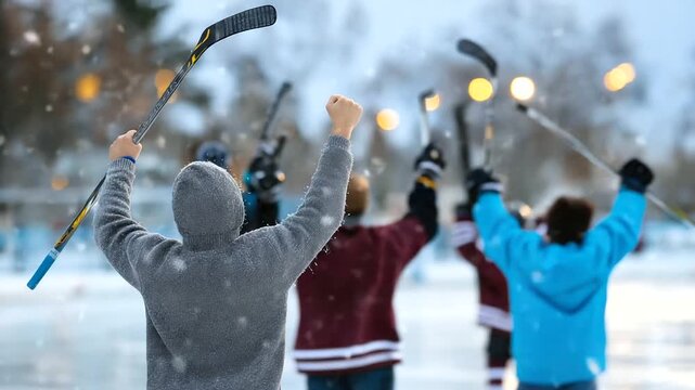 Faceless young adults celebrating a goal on an outdoor rink, emphasis on raised sticks and snowy air particles, players intentionally defocused, with copy space