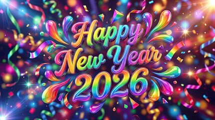 Celebrate new year 2026 with colorful confetti and bright lights.