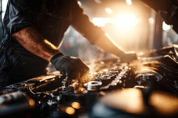 Mechanic Working on Engine with Sunlight in Automotive Workshop