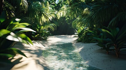 Lush Tropical Stream Path Sunlight filters through dense jungle foliage, illuminating a sandy stream path. Ideal for travel brochures or nature documentaries.