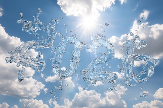 A dynamic composition featuring the numbers 2026 crafted from splashing water droplets against a vibrant blue sky, ideal for projects related to New Year celebrations, events, or future planning, - Powered by Adobe