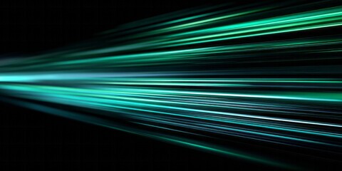 Bright teal light streaks emanate from a central vanishing point across a dark background