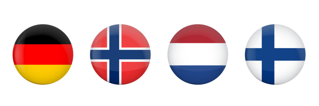 Set of glossy round flag icons representing Germany, Norway, the Netherlands, and Finland. Clean, bright, high-quality symbols perfect for apps, websites, presentations, and international projects.