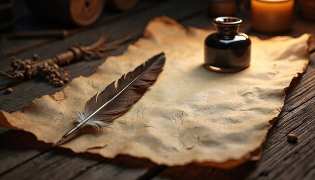 A brown feather quill rests on aged parchment paper next to an inkwell. The scene is set on a rustic wooden table, suggesting a historical writing or artistic.
