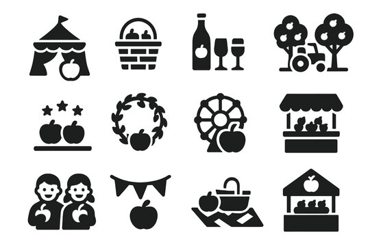 Apple Festival Icons. Solid style icons of Apple Celebration: apple festival, apple basket display, cider tasting, orchard tour,