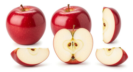 Red Apple on white background, Fresh apple, Apple half and slices, Realistic fruits