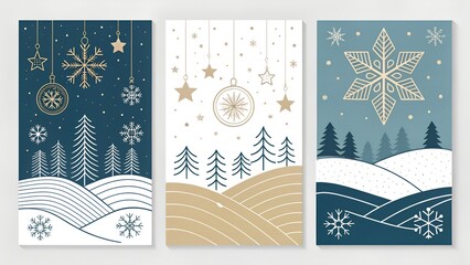 . The leftmost card has a warm, neutral background with a red gift box, golden snowflakes,