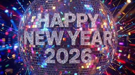 Celebrate new year 2026 with a shining disco ball and confetti.