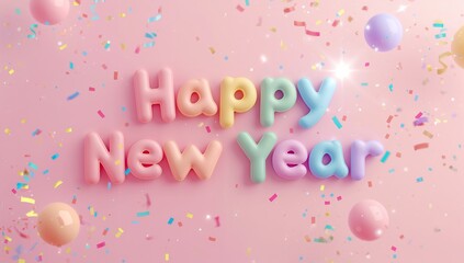 Happy new year greeting with colorful bubble letters, confetti, and balloons on a light pink background