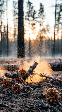 Pinecones and branches lie on the ground covered in frost, illuminated by the warm golden light of a sunrise filtering through a forest, with dust particles sus