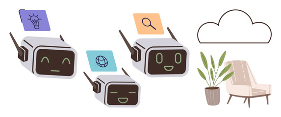 Group of smiling AI robots with icons for ideas, search, and global connectivity near a chair, plant, and cloud backdrop. Ideal for technology, AI, teamwork, innovation research comfort online