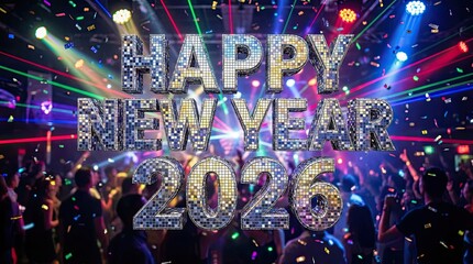 Celebrate happy new year 2026 with confetti and bright lights