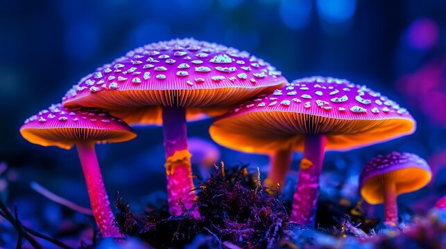 Group of pink mushrooms with white dots growing in forest with blue light illumination and magical look and feel for nature lovers 200 character title