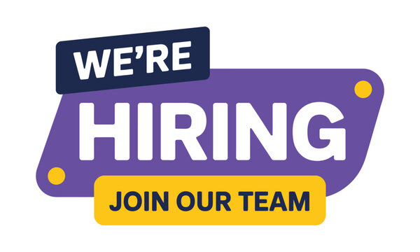A graphic design element displays the text 'WE'RE HIRING' above 'JOIN OUR TEAM' in bold white and yellow lettering on a purple background, indicating a recruitment effort.