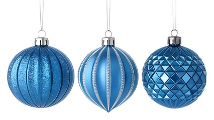 hree shiny blue Christmas ornaments, each with a distinct texture and design, hanging against a pure white background.