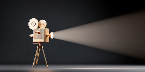 Gold cinematographer/film projector against a black background