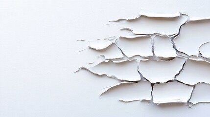Close-up of cracked and peeling white paint on a textured wall, creating an abstract pattern with shadows and highlights.