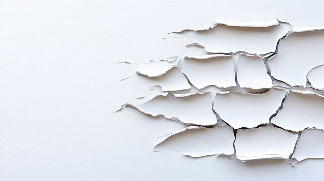 Close-up of cracked and peeling white paint on a textured wall, creating an abstract pattern with shadows and highlights.