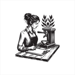 Barista at Work Vector Logo Illustration Featuring Coffee Machine and Clipboard on Wooden Table