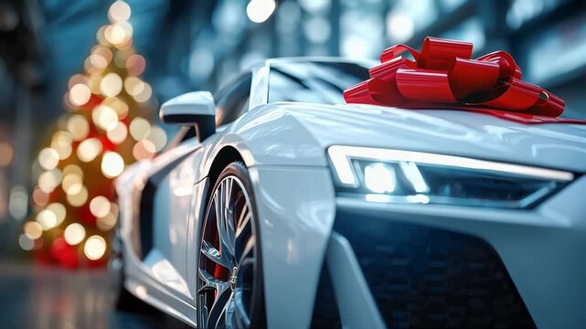 A close-up view of a luxury car decorated with a bright red bow, symbolizing a new car purchase, gift, or holiday surprise