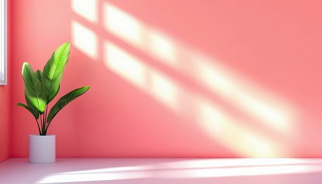 A single potted green plant stands in a minimalist room with a pink wall. Sunlight streams through a window, casting geometric shadows on the wall and floor.