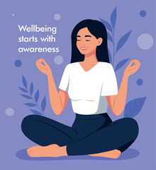 Vector illustration, smiling woman meditating in the lotus position, hands folded in a mudra, purple background, leaves, abstract. Poster for medical projects, mindfulness, awareness, mental health