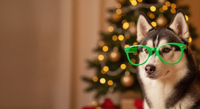 Funny siberian husky dog wearing green glasses for Christmas. Cute pet portrait with a festive holiday tree background and copy space