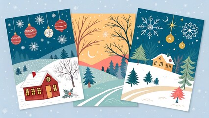 -capped mountains, evergreen trees, a deer, and delicate snowflakes, adorned with string lights and hanging star decorations. The New Year card showcases a similar winter scene w