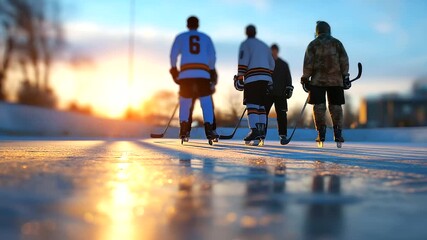 Faceless group in winter sportswear preparing for a face-off, shallow depth of field creating gentle defocus around silhouettes, outdoor rink ambience, with copy space - Powered by Adobe