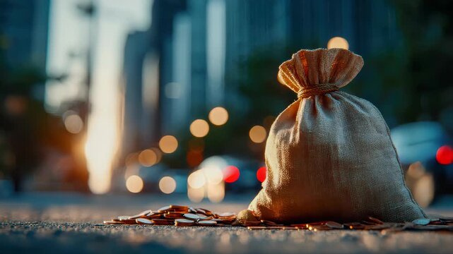 A burlap money bag surrounded by scattered coins on a city street at sunset