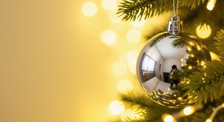 A close-up of a silver Christmas bauble hanging on a tree. Shiny holiday ornament with a reflection against a golden bokeh lights background. Festive winter season concept with copy space for text.