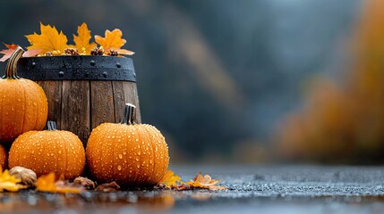 A still life composition featuring several wet pumpkins and fallen autumn leaves clustered around a rustic wooden barrel. The scene is set outdoors with moody,
