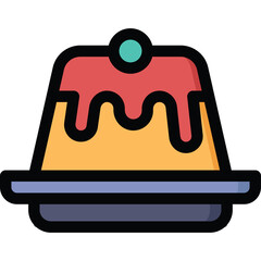 A Delicious Dessert Pudding with Red Syrup and a Green Cherry on Top Served on a Blue Plate on a Transparent Background