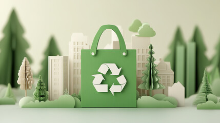 Green paper shopping bags with recycling logo