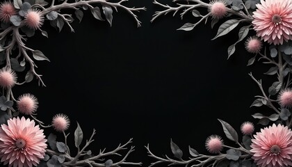 Dark botanical frame with pink flowers and grey branches on black background. Empty space for text. Elegant floral design element for cards invitations and decor.