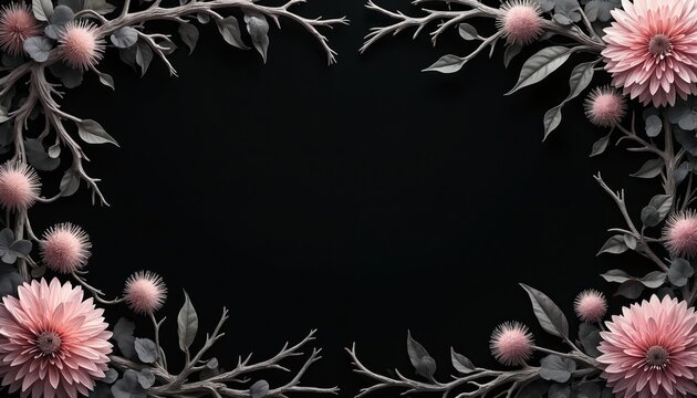 Dark botanical frame with pink flowers and grey branches on black background. Empty space for text. Elegant floral design element for cards invitations and decor.