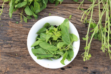 Fresh holy basil leaves on rustic wood